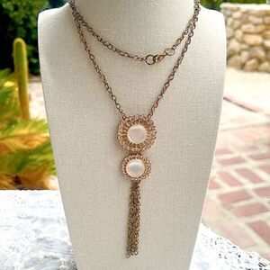 Vintage Sun Necklace Gold Tone, Rhinestones & White Moonstone 30”